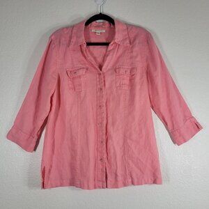 JM Collection Linen Button Down Shirt Women Size 8 Pink 3/4 Sleeve Resort Travel